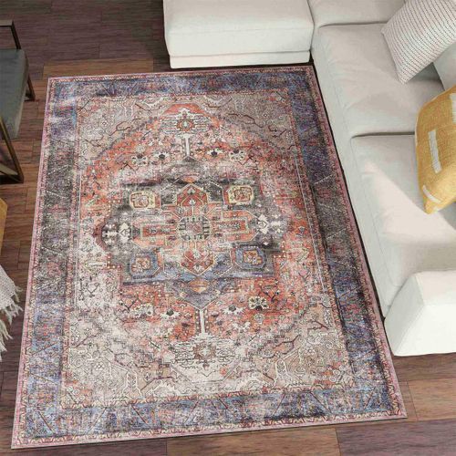Tapis Grand Salon 200 X 290 Cm Rose, Bleu, Beige, Kilim Texturé, Original Et Structuré, Lyn11 K