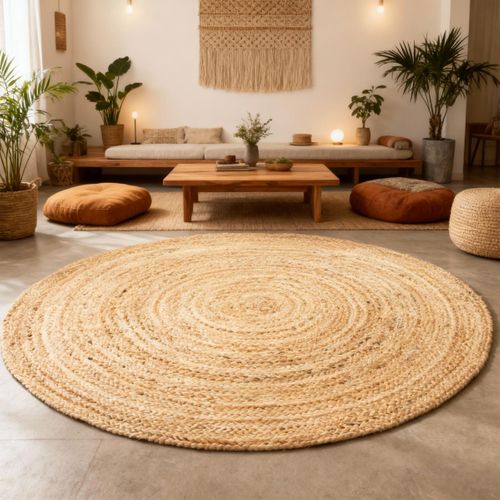 Tapis Rond Ø200cm Fait à La Main En Jute Motif Uni Pour Salon Sunny