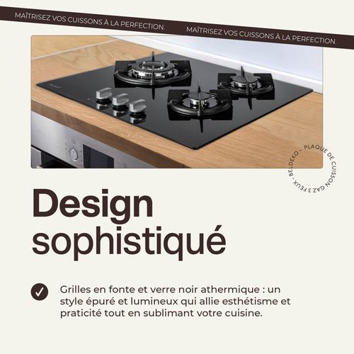 Tg3v-115 - Plaque De Cuisson Gaz Verre Noir 3 Foyers - Grilles En Fonte