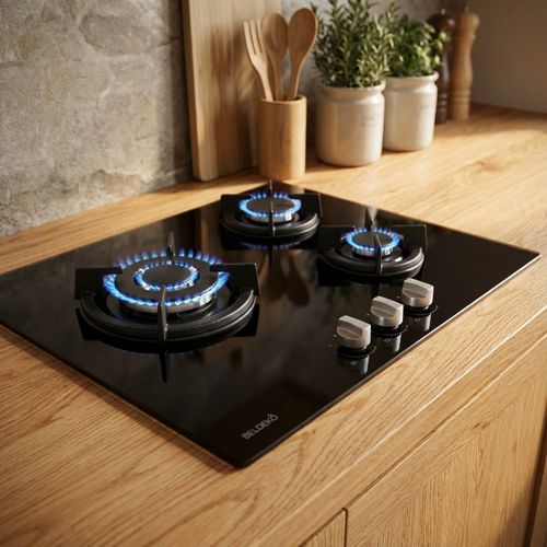 Tg3v-115 - Plaque De Cuisson Gaz Verre Noir 3 Foyers - Grilles En Fonte