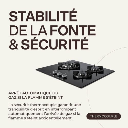 Tg3v-115 - Plaque De Cuisson Gaz Verre Noir 3 Foyers - Grilles En Fonte