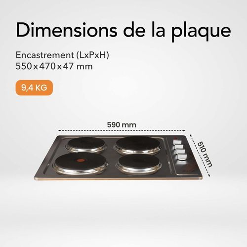 Beldeko - Plaque De Cuisson Électrique Fonte 4 Feux Encastrable, 4 Foyers, 5500 W, Boutons Rotatifs,
