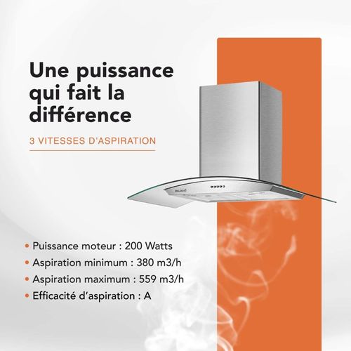 Hotte Decorative Murale 90 Cm - Verre Et Inox - 559 M3 - 200w - 60db