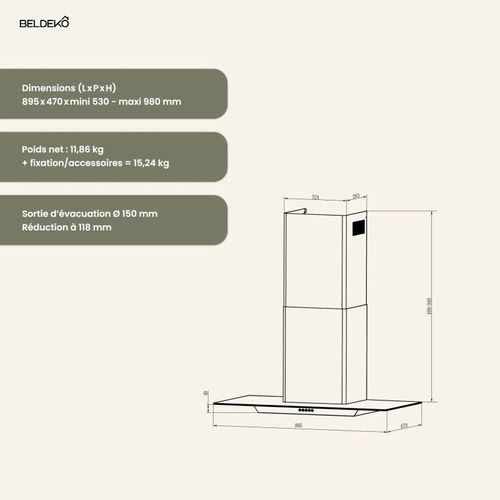 Beldeko - Hotte Decorative Murale 90 Cm - Verre Et Inox - 200w - Puissance D'extraction 600 M3/h