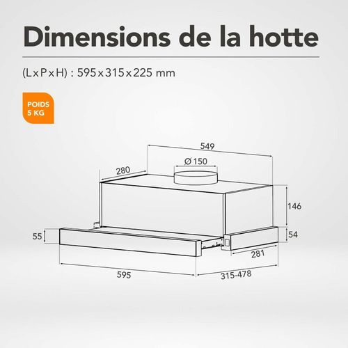 Beldeko - Hotte Tiroir Encastrable Pralys 60 Cm - 354 M3/h