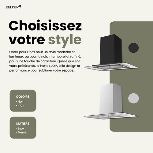 Beldeko - Hotte Îlot Aspirante 90 Cm Noir - Minuteur - Débit 556 M3/h  - 3 Vitesses - Ludia 90 Bk