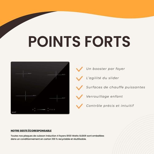 Plaque Induction Encastrable 4 Foyers, 8100 W, Slider Tactile Et Minuteurs
