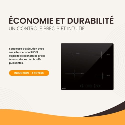 Plaque Induction Encastrable 4 Foyers, 8100 W, Slider Tactile Et Minuteurs