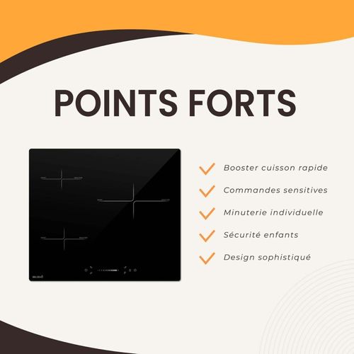 Plaque Induction Encastrable 3 Foyers - Puissance 7200w Avec Booster Et Commande Slider Intuitive