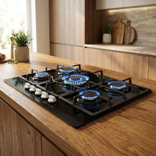 Plaque Gaz 5 Feux En Verre Noir - Brûleurs Et Grilles En Fonte - 10 800 Watts Encastrement 56x49 Cm