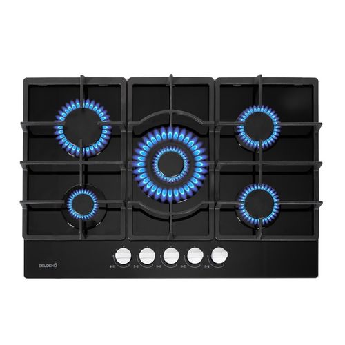 Plaque Gaz 5 Feux En Verre Noir - Brûleurs Et Grilles En Fonte - 10 800 Watts Encastrement 56x49 Cm