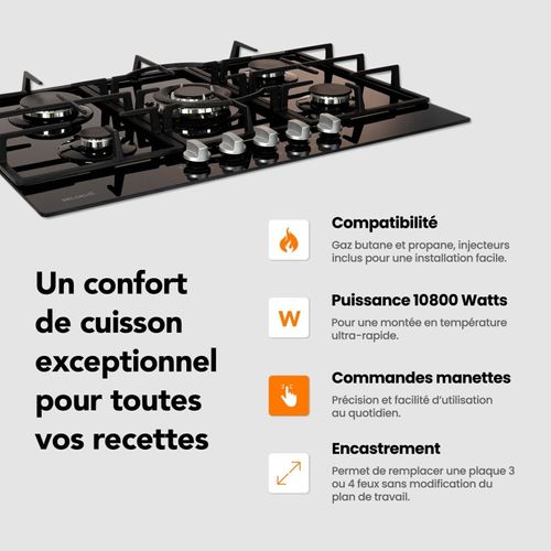 Plaque Gaz 5 Feux En Verre Noir - Brûleurs Et Grilles En Fonte - 10 800 Watts Encastrement 56x49 Cm