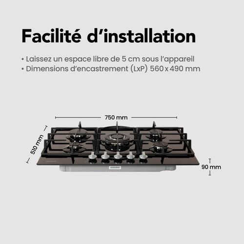 Plaque Gaz 5 Feux En Verre Noir - Brûleurs Et Grilles En Fonte - 10 800 Watts Encastrement 56x49 Cm