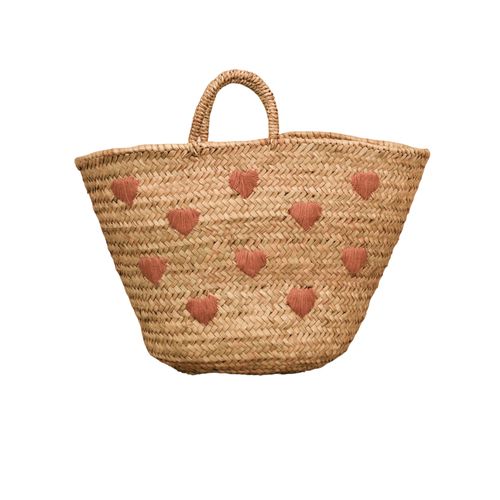 Panier Cœurs Brodés - 50x35 Cm - Rose