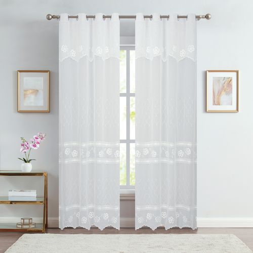 Paire Voilages Brodé Fleurs Pour Baie Vitrée - 140x240 Cm - Blanc