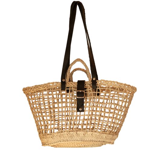 Sac Panier En Fibre De Palmier Et Anses Cuir Noir - 55x25 Cm - Naturel