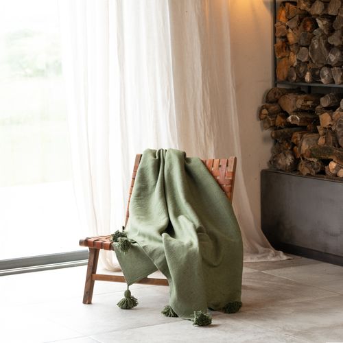 Plaid Ou Jeté De Lit Laine à Pompons - 150x200 Cm - Vert