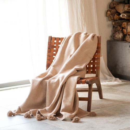 Plaid Ou Jeté De Lit Laine à Pompons - 150x200 Cm - Beige
