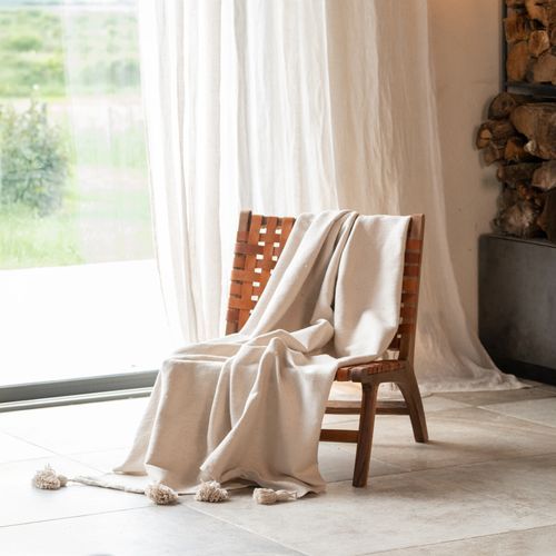 Plaid Ou Jeté De Lit Laine à Pompons - 150x200 Cm - Crème