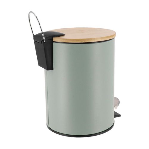 Poubelle à Pédale 3l En Métal Vert Eucalyptus Avec Couvercle En Bambou