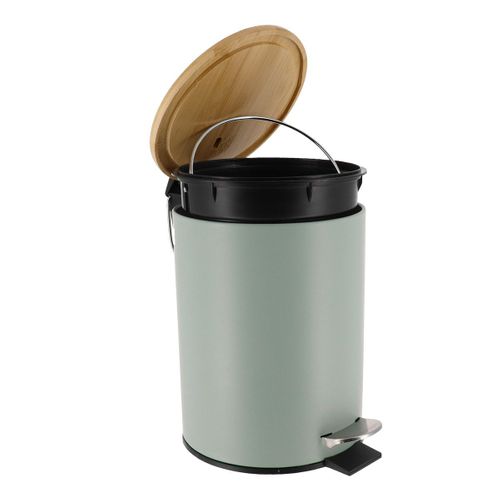 Poubelle à Pédale 3l En Métal Vert Eucalyptus Avec Couvercle En Bambou