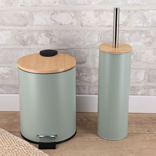 Poubelle à Pédale 3l En Métal Vert Eucalyptus Avec Couvercle En Bambou