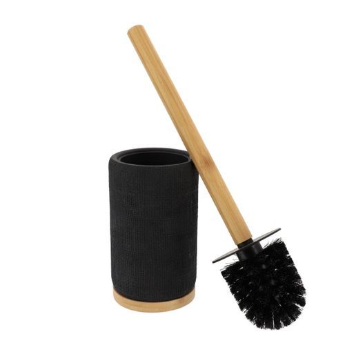 Brosse Wc Avec Support En Résine Noir Aspect Maille Et Manche En Bambou
