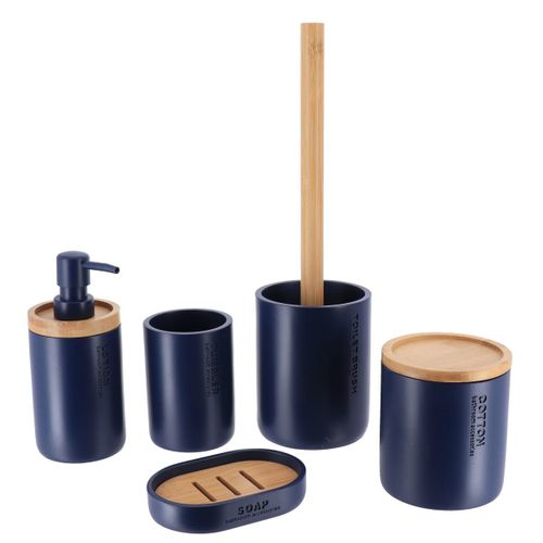 Brosse Wc Avec Support En Résine Bleu Marine et Manche En Bambou