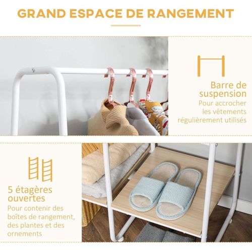 Vestiaire D'entrée - Penderie, 5 Étagères - Acier Blanc Aspect Bois Clair