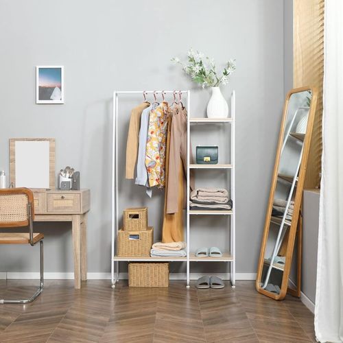 Vestiaire D'entrée - Penderie, 5 Étagères - Acier Blanc Aspect Bois Clair