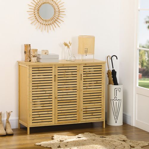 Meuble à Chaussures Style Cosy Chic - 3 Portes, 6 Étagères - Bambou Verni