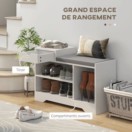 Meuble Banc à Chaussures Style Contemporain Blanc Coussin Gris