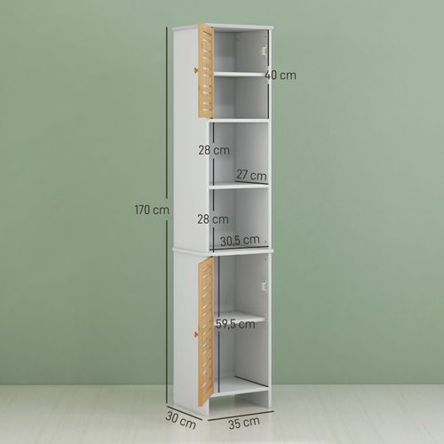 Meuble Colonne Salle De Bain Style Cosy Chic 2 Portes Étagères Niches Blanc Bambou