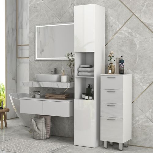 Meuble Colonne Salle De Bain 2 Portes Étagères 2 Niches Façade Blanc Laqué