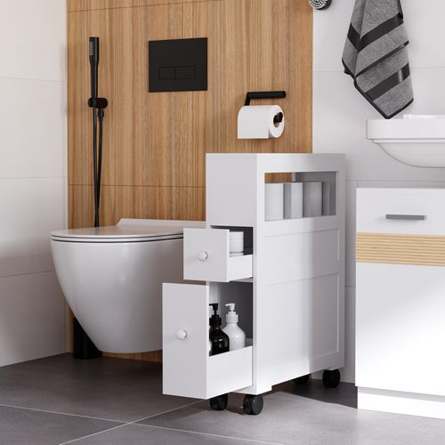 Rangement Wc Salle De Bain Mobile Sur Roulettes - 2 Tiroirs, Niche - Mdf Blanc
