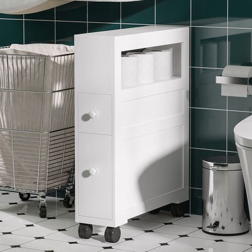 Rangement Wc Salle De Bain Mobile Sur Roulettes - 2 Tiroirs, Niche - Mdf Blanc
