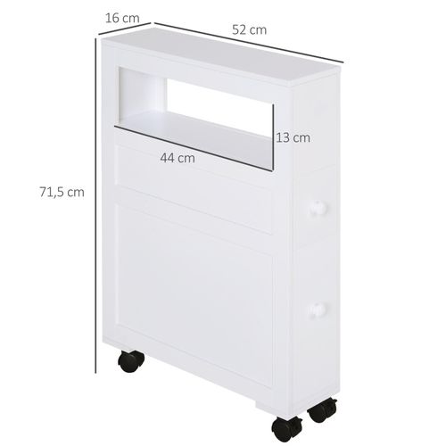 Rangement Wc Salle De Bain Mobile Sur Roulettes - 2 Tiroirs, Niche - Mdf Blanc
