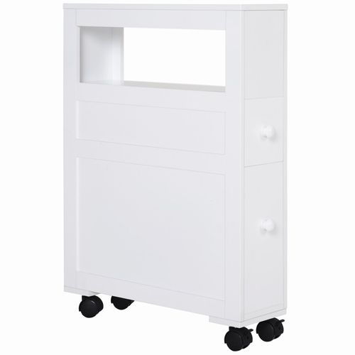 Rangement Wc Salle De Bain Mobile Sur Roulettes - 2 Tiroirs, Niche - Mdf Blanc