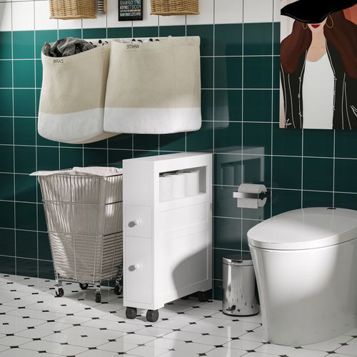 Rangement Wc Salle De Bain Mobile Sur Roulettes - 2 Tiroirs, Niche - Mdf Blanc