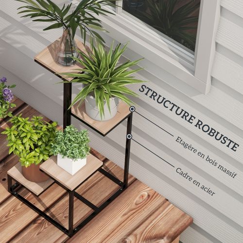 Porte-plantes Style Industriel 4 Étagères Acier Noir Bois Sapin Verni