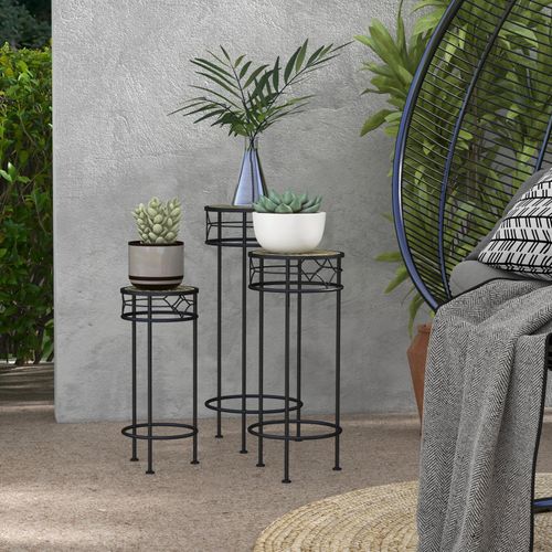 Lot De 3 Supports Pot De Fleurs Plateaux Aspect Rotin Métal Doré Noir