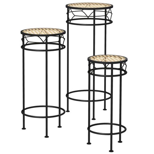 Lot De 3 Supports Pot De Fleurs Plateaux Aspect Rotin Métal Doré Noir