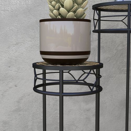 Lot De 3 Supports Pot De Fleurs Plateaux Aspect Rotin Métal Doré Noir