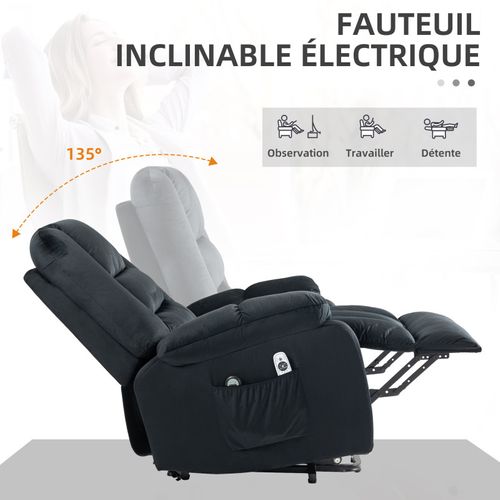 Fauteuil De Massage Releveur Chauffant - 2 Télécommandes - Velours Noir