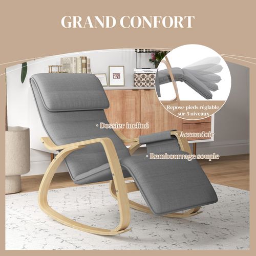 Fauteuil à Bascule Relax Repose-pied Réglable Bois Tissu