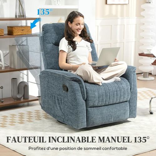 Fauteuil Relax Inclinable Pivotant Repose-pieds Rétractable Tissu Bleu Chiné