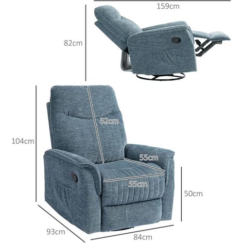 Fauteuil Relax Inclinable Pivotant Repose-pieds Rétractable Tissu Bleu Chiné