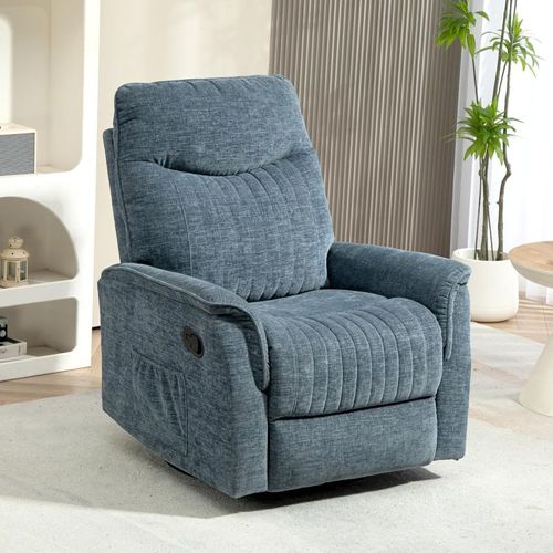 Fauteuil Relax Inclinable Pivotant Repose-pieds Rétractable Tissu Bleu Chiné