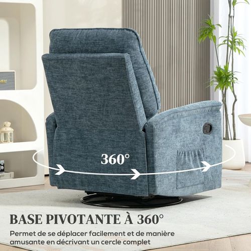 Fauteuil Relax Inclinable Pivotant Repose-pieds Rétractable Tissu Bleu Chiné
