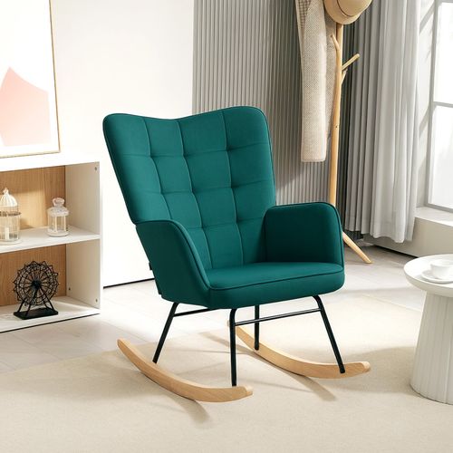 Fauteuil à Bascule Rocking Chair Design Acier Piètement Bois Effet Velours
